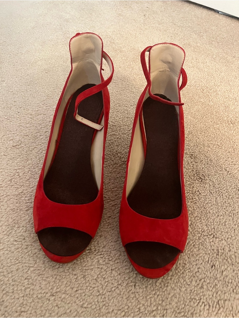 Pelle Moda Red Suede Peep-Toe Ankle-Strap Heels
